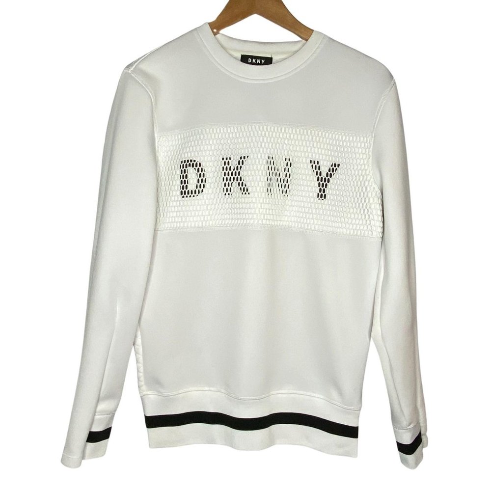 DKNY White Mesh Spell out Logo Sweatshirt Size Sma